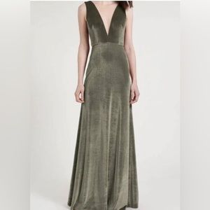 Jenny Yoo Long Sleeve Deep V Velvet Dress